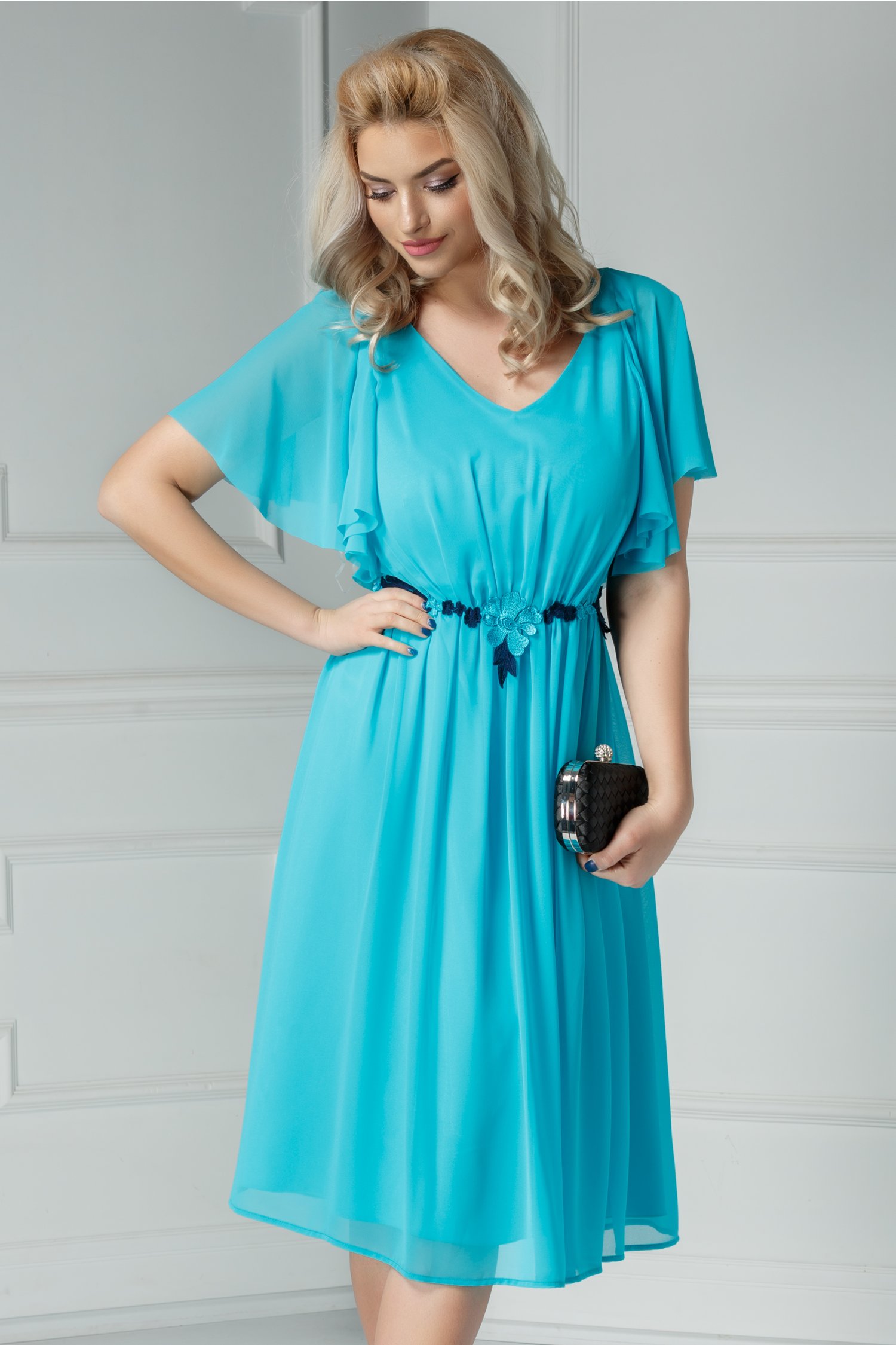 Rochie Leonard Collection bleu din voal cu broderie
