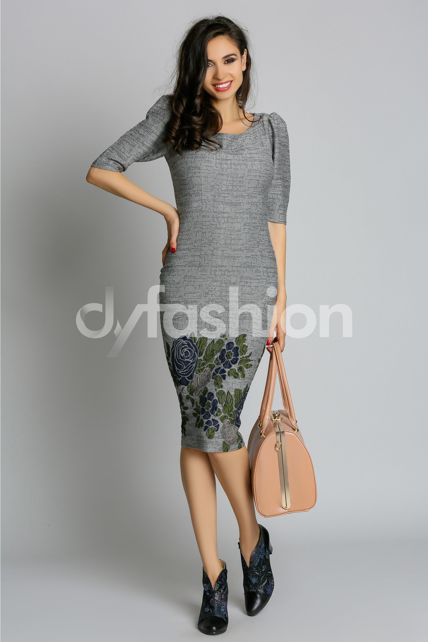 Rochie Tales Gri cu Imprimeu Trandafir Albastru