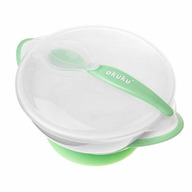 Bol, Akuku, Cu manere, lingura si capac, Cu ventuza, Protejeaza impotriva varsarii alimentelor, Fara BPA, 300 ml, Green