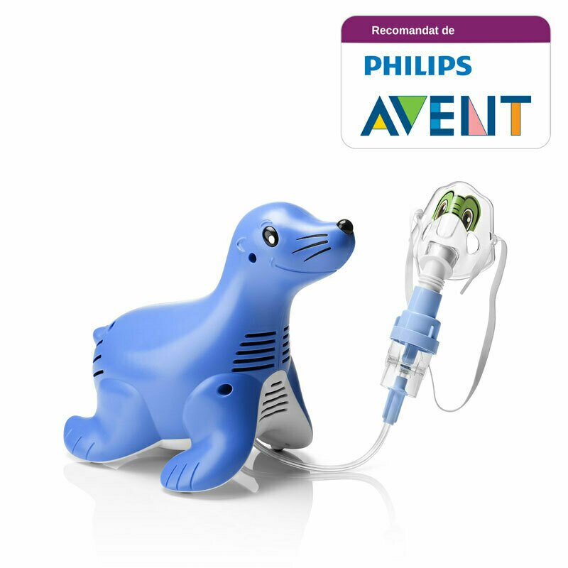 Aparat aerosoli copii, Philips, cu compresor Sami the Seal, MMAD 2.80?m, Design preferat de copii, Sistem Active Venturi, Profesional