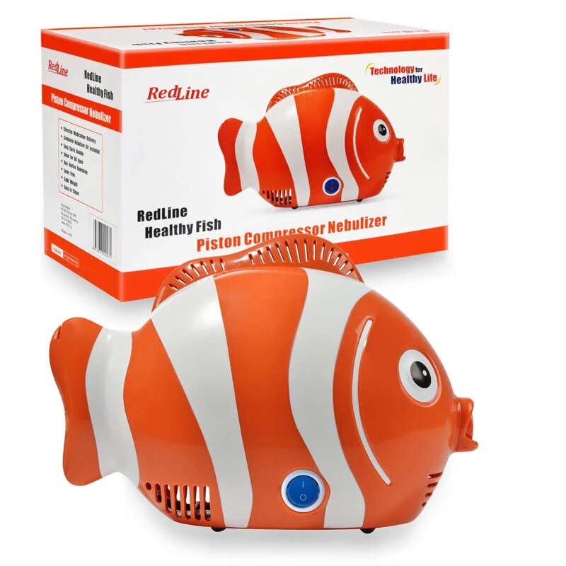 Redline - Aparat de aerosoli cu compresor Healthy Fish, MMAD 2.44 µm, forma jucausa apreciata de copii