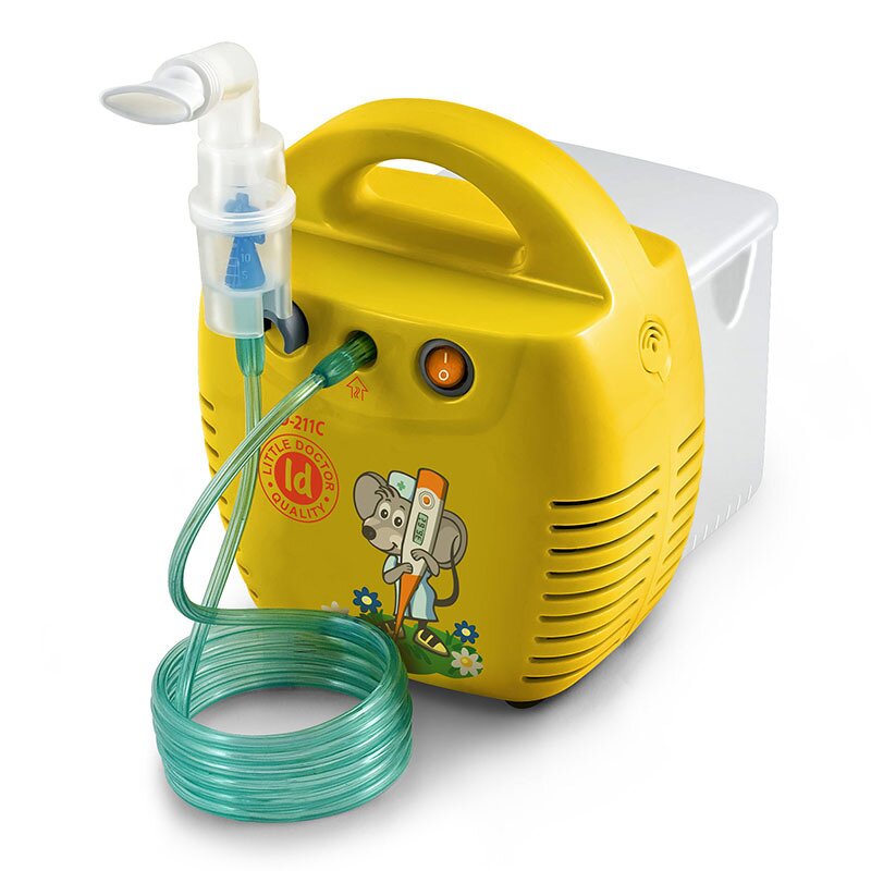 Little doctor - aparat de aerosoli ld 211 c, cu compresor, galben, cutie pentru accesorii, 3 dispensere, 3 masti