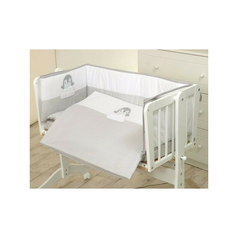 Amy - aparatoare laterala pat mini pentru patur de 90x40 cm, doua fete pinguin, 170x27 cm, alb/gri