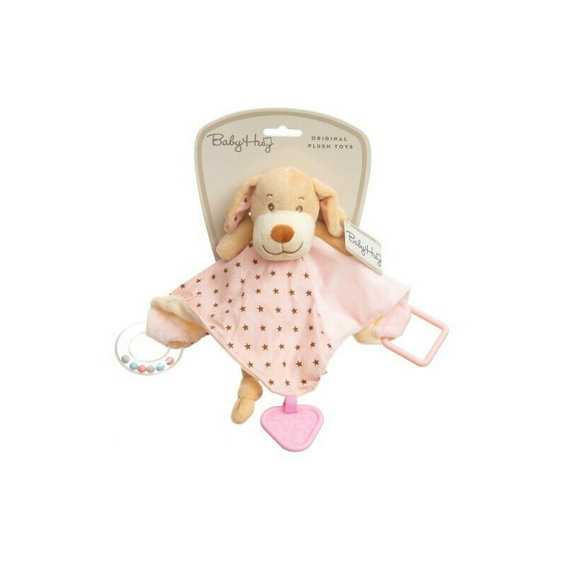 Baby hug - zornaitoare de plus catelus cu inele, paturica, cu jucarie dentitie, roz