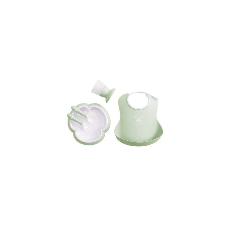 Babybjorn - set de masa powder farfurie, tacamuri, pahar, bavetica, verde