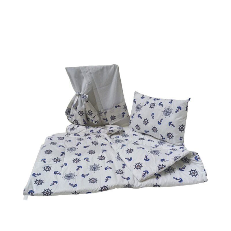 Babyneeds - lenjerie patut 4 piese, cu pernuta, plapumioara, cearceaf, baldachin, din bumbac, pentru patut 160x80 cm, alb cu ancore