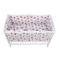 BabyNeeds - Lenjerie patut 5 piese, Cu doua protectii laterale, Pernuta, Plapumioara, Cearceaf, Din bumbac, Pentru patut 120x60 cm, Cu volanas, Bufnite, Gri-Rosu