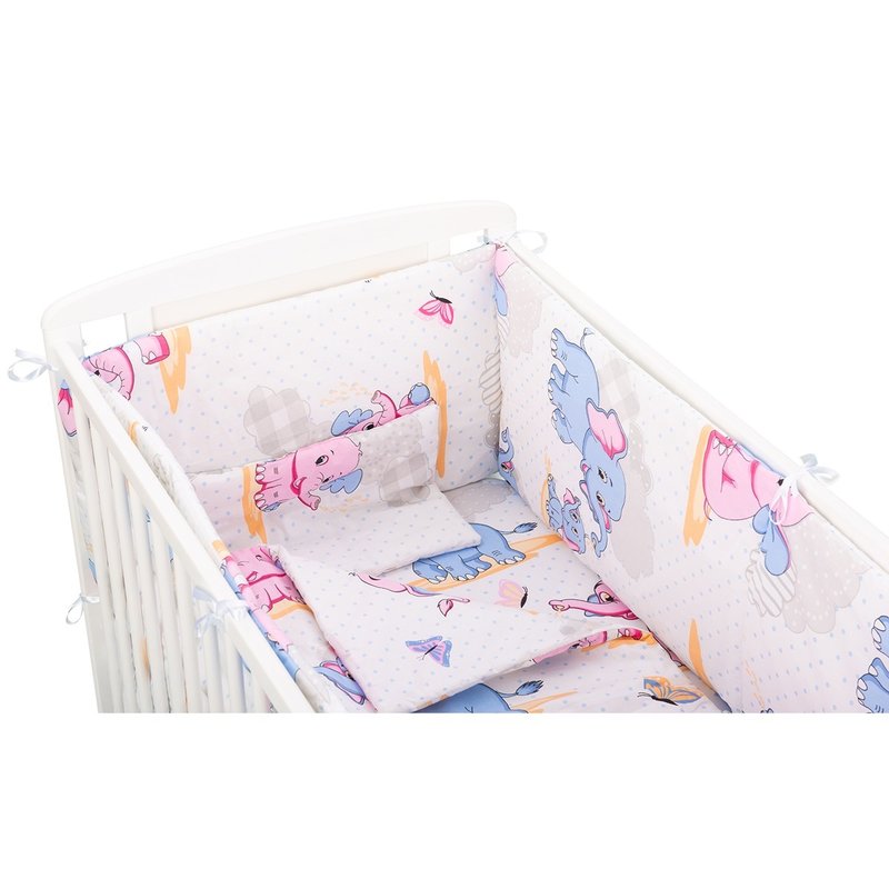 Babyneeds - lenjerie patut 5 piese, cu doua protectii laterale, pernuta, plapumioara, cearceaf, din bumbac, pentru patut 120x60 cm, elefantei, albastru-roz