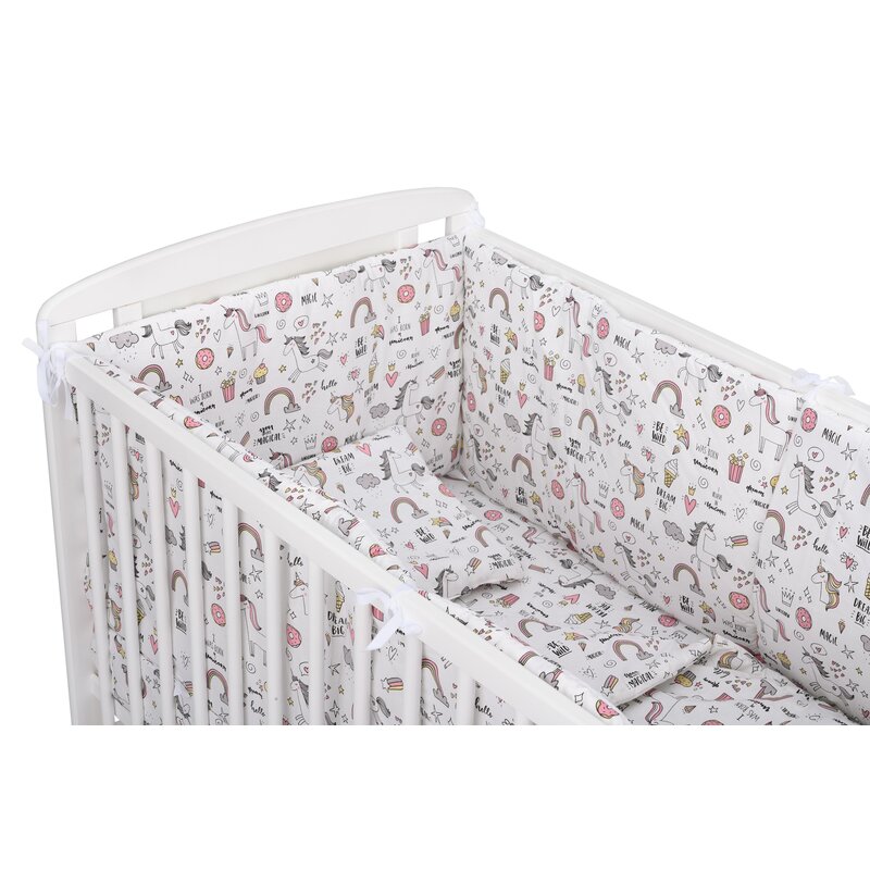 Babyneeds - lenjerie patut 5 piese, cu doua protectii laterale, pernuta, plapumioara, cearceaf, din bumbac, pentru patut 120x60 cm, unicorni, roz