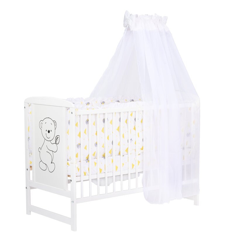 Babyneeds - lenjerie patut 6 piese, cu baldachin, cu doua protectii laterale, pernuta, plapumioara, cearceaf, din bumbac, pentru patut 120x60 cm, cu volanas, vrabiute, gri-galben