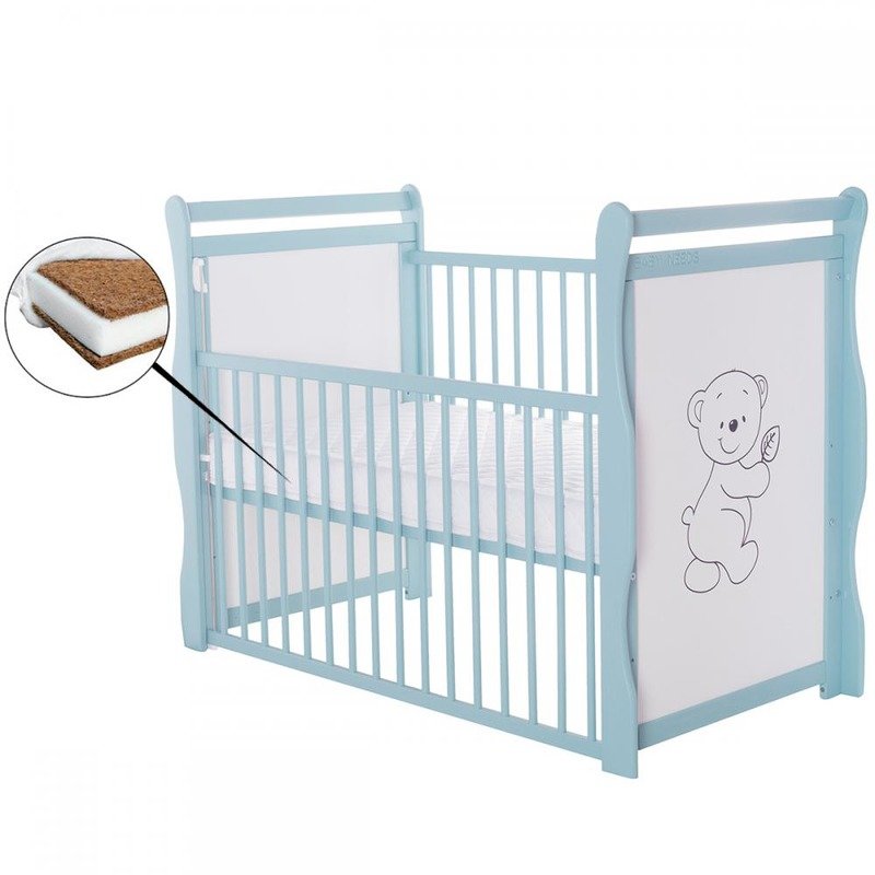 BabyNeeds - Patut din lemn Jas Ursulet 120x60 cm, cu laterala culisanta si roti, Mint + Saltea 10 cm