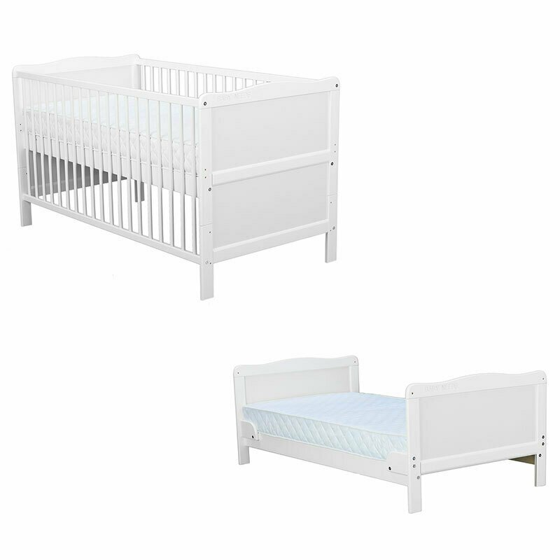 Babyneeds - patut din lemn nadia transformabil pentru bebe si junior, 140x70 cm, alb + saltea 12 cm