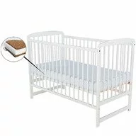 Patut din lemn bebe, 120x60 cm, Din lemn de pin, Stabil si rezistent, Inaltime saltea reglabila pe 3 nivele, Laterala cu 3 bete detasabile, EN716-1, EN716-2, Alb + Saltea 10 cm, Babyneeds, Ola