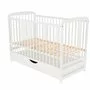 Patut din lemn bebe, 120x60 cm, Cu sertar cu capac, Din lemn de pin si mdf, Stabil si rezistent, Inaltime saltea reglabila pe 3 nivele, Laterala cu 3 bete detasabile, EN716-1, EN716-2, Alb, Babyneeds, Ola + Saltea 12 cm - 8