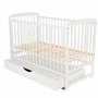 Patut din lemn bebe, 120x60 cm, Cu sertar cu capac, Din lemn de pin si mdf, Stabil si rezistent, Inaltime saltea reglabila pe 3 nivele, Laterala cu 3 bete detasabile, EN716-1, EN716-2, Alb, Babyneeds, Ola + Saltea 12 cm - 9