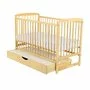 Patut din lemn bebe, 120x60 cm, Cu sertar cu capac, Din lemn de pin si mdf, Stabil si rezistent, Inaltime saltea reglabila pe 3 nivele, Laterala cu 3 bete detasabile, EN716-1, EN716-2, Natur, Babyneeds, Ola + Saltea 8 cm - 2