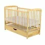 Patut din lemn bebe, 120x60 cm, Cu sertar cu capac, Din lemn de pin si mdf, Stabil si rezistent, Inaltime saltea reglabila pe 3 nivele, Laterala cu 3 bete detasabile, EN716-1, EN716-2, Natur, Babyneeds, Ola + Saltea 8 cm - 6