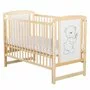 Patut din lemn bebe, 120x60 cm, Cu laterala culisanta, Din lemn de pin si mdf, Stabil si rezistent, Inaltime saltea reglabila pe 3 nivele, Laterala cu 3 bete detasabile, EN716-1, EN716-2, Natur, Babyneeds, Timmi + Saltea 12 cm - 3