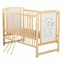Patut din lemn bebe, 120x60 cm, Cu laterala culisanta, Din lemn de pin si mdf, Stabil si rezistent, Inaltime saltea reglabila pe 3 nivele, Laterala cu 3 bete detasabile, EN716-1, EN716-2, Natur, Babyneeds, Timmi + Saltea 12 cm - 6