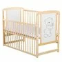 Patut din lemn bebe, 120x60 cm, Cu laterala culisanta, Din lemn de pin si mdf, Stabil si rezistent, Inaltime saltea reglabila pe 3 nivele, Laterala cu 3 bete detasabile, EN716-1, EN716-2, Natur, Babyneeds, Timmi + Saltea 12 cm - 9