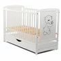 Patut din lemn bebe, 120x60 cm, Cu sertar cu capac, Din lemn de pin si mdf, Stabil si rezistent, Inaltime saltea reglabila pe 3 nivele, Laterala cu 3 bete detasabile, EN716-1, EN716-2, Alb, Babyneeds, Timmi + Saltea 10 cm - 8