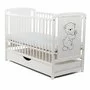 Patut din lemn bebe, 120x60 cm, Cu sertar cu capac, Din lemn de pin si mdf, Stabil si rezistent, Inaltime saltea reglabila pe 3 nivele, Laterala cu 3 bete detasabile, EN716-1, EN716-2, Alb, Babyneeds, Timmi + Saltea 12 cm - 2