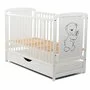 Patut din lemn bebe, 120x60 cm, Cu sertar cu capac, Din lemn de pin si mdf, Stabil si rezistent, Inaltime saltea reglabila pe 3 nivele, Laterala cu 3 bete detasabile, EN716-1, EN716-2, Alb, Babyneeds, Timmi + Saltea 12 cm - 9
