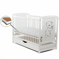 Black Friday - Reduceri Patut din lemn bebe, 120x60 cm, Cu sertar cu capac, Din lemn de pin si mdf, Stabil si rezistent, Inaltime saltea reglabila pe 3 nivele, Laterala cu 3 bete detasabile, EN716-1, EN716-2, Alb, Babyneeds, Timmi + Saltea 8 cm Promotie