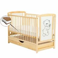 Patut din lemn bebe, 120x60 cm, Cu sertar cu capac, Din lemn de pin si mdf, Stabil si rezistent, Inaltime saltea reglabila pe 3 nivele, Laterala cu 3 bete detasabile, EN716-1, EN716-2, Natur, Babyneeds, Timmi + Saltea 8 cm