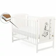 Patut din lemn bebe, 120x60 cm, Din lemn de pin si mdf, Stabil si rezistent, Inaltime saltea reglabila pe 3 nivele, Laterala cu 3 bete detasabile, EN716-1, EN716-2, Alb, Babyneeds, Timmi Girafa + Saltea 8 cm