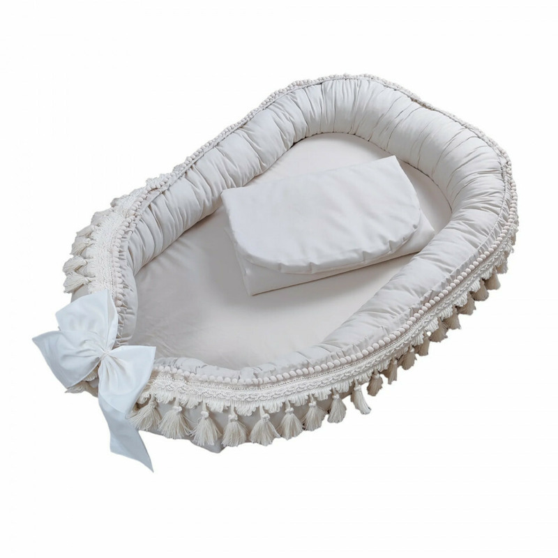 Babynest pentru copii, 86 x 50 cm, Koell, Boho, Delicate Beige, cu Ciucuri Lungi, cu Saltea suplimentara