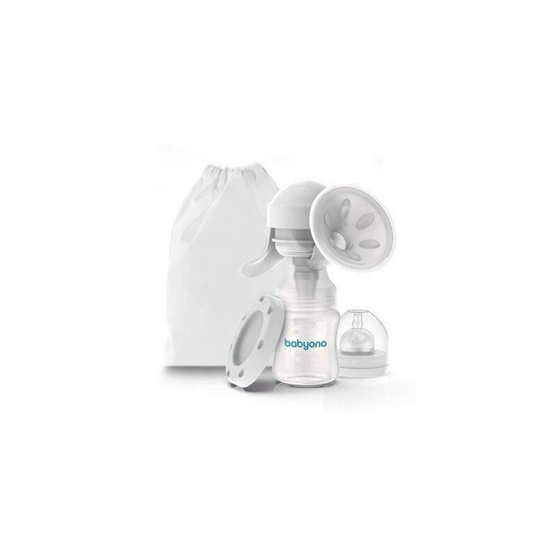 Pompa de san manuala, BabyOno, Cu biberon de 150 ml si tetina 0 luni+, Cu saculet pentru depozitare, Fara BPA, Mod silentios, Alb