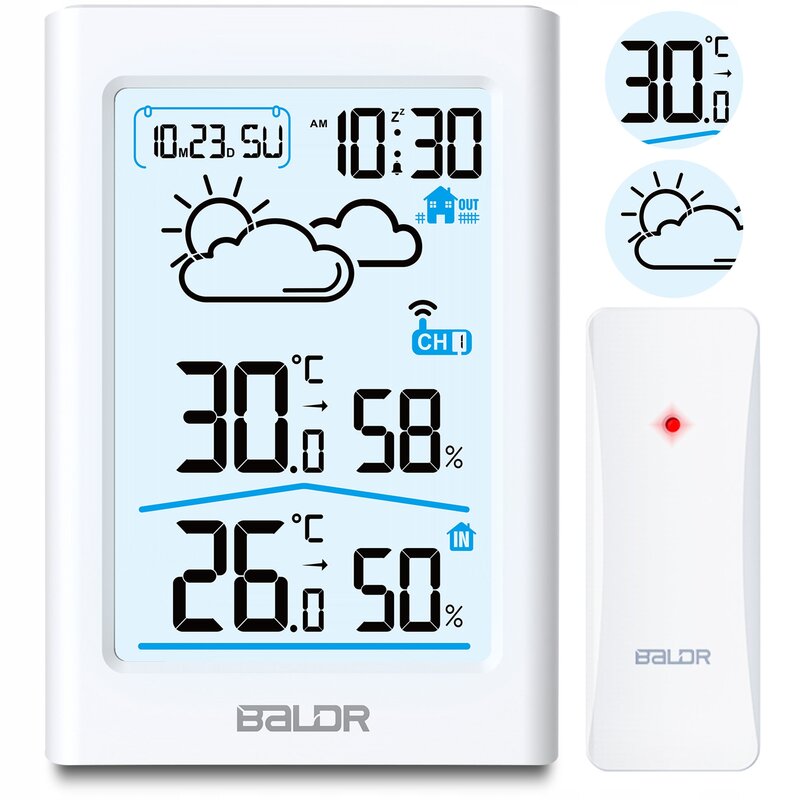 Statie Meteo, Baldr, Fara fir cu Senzor Exterior, Cu termometru si higrometru, Prognoza Meteo, Masurare temperatura si umiditate, Ceas cu alarma, Display LCD de 4.5 Inch, Alb Curat si Sanatos >> Termometre
