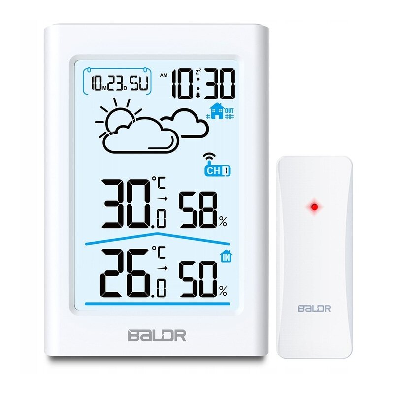 Baldr - Statie Meteo fara Fir cu Senzor Exterior, Cu termometru si higrometru, Prognoza Meteo, Masurare temperatura si umiditate, Ceas cu alarma, Display LCD de 4.5 Inch, Alb