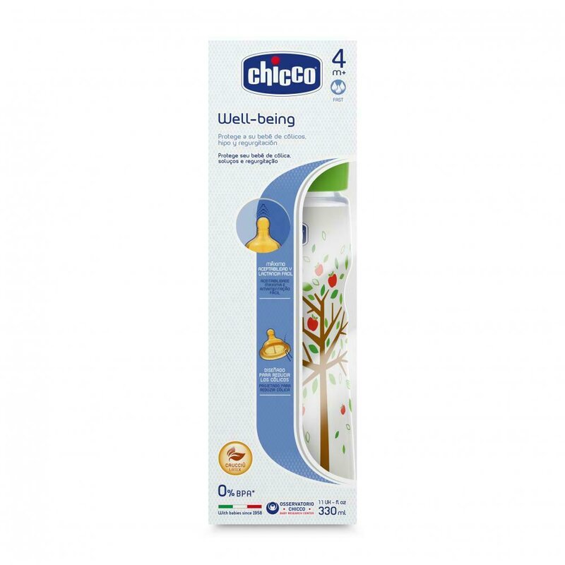 Chicco - biberon wellbeing pp, unisex, 330ml, t.c., flux rapid, 4+luni, 0%bpa