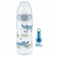 Biberon cu indicator de temperatura, Nuk, 300 ml, Gat larg, Compatibil cu produsele First Choice, Fara BPA, 6-18 luni, Albastru