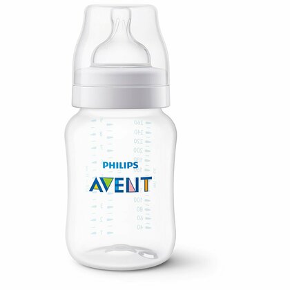 Biberon, Philips Avent, Anti-colici, 260 ml, Fara BPA, Usor de curatat, Tetine cu structura striata contra aplatizarii, 1 luna+, Transparent