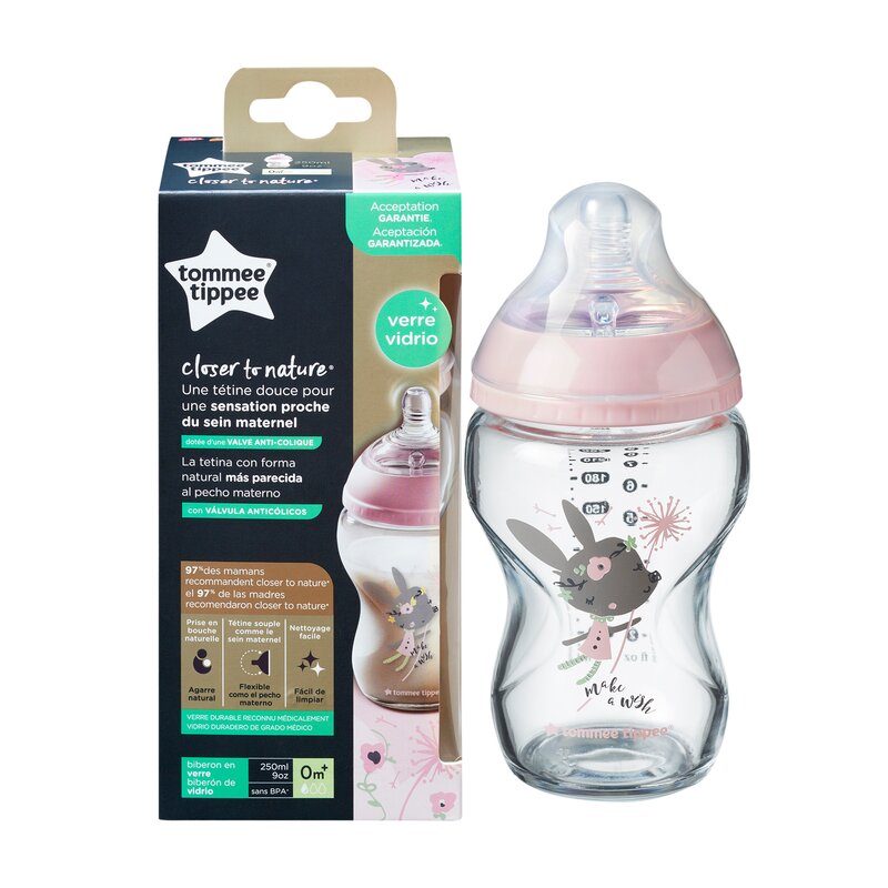 Biberon sticla Tommee Tippee Closer to Nature, 250 ml, 0 luni +,1 buc, Roz