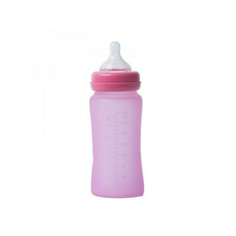 Bo Jungle - Biberon termo din sticla acoperita de silicon cu indicator de temperatura, 300 ml, Roz