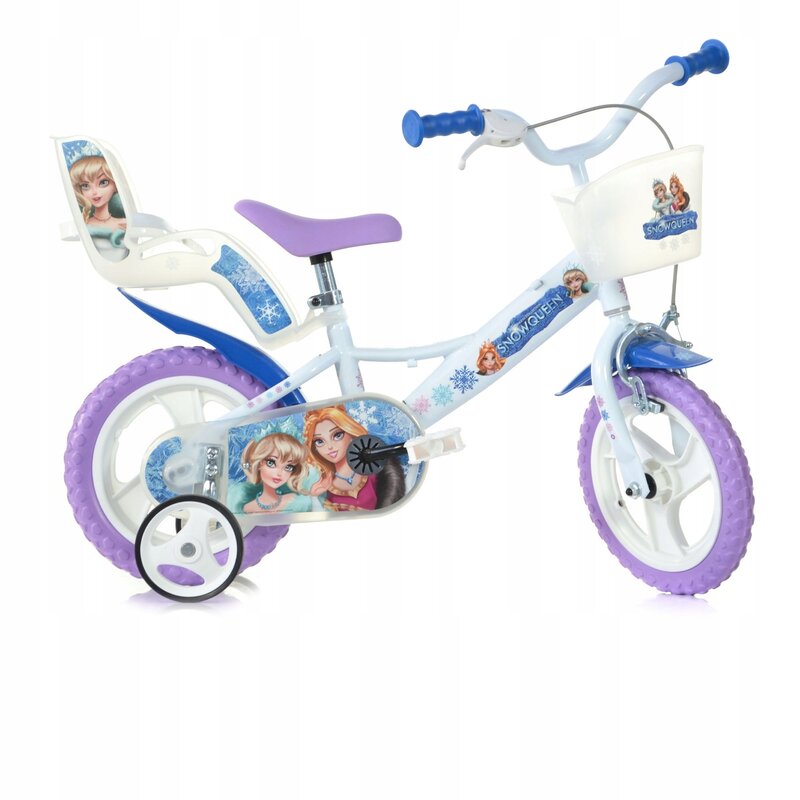 Bicicleta cu pedale, Dino Bikes, Craiasa Zapezii, Cu roti ajutatoare, Cu cosulet frontal, Cu scaunel pentru papusa, 12 inch, Pana la 40 kg, 3 ani+, Multicolor