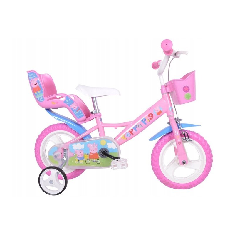 Bicicleta cu pedale, Dino Bikes, Purcelusa Peppa, Cu roti ajutatoare, Cu cosulet frontal, Cu scaunel pentru papusa, 12 inch, Pana la 40 kg, 3 ani+, Multicolor