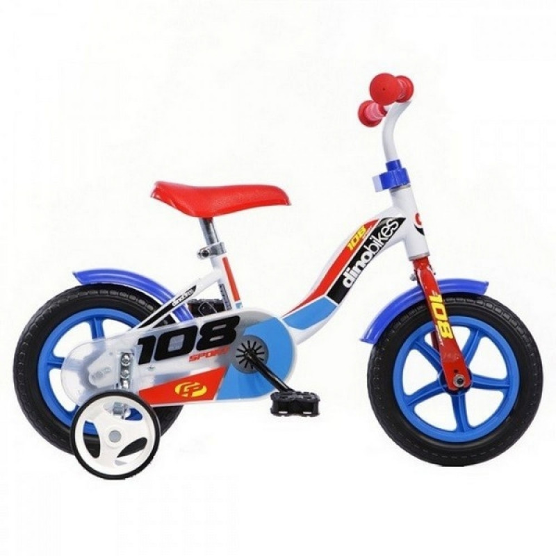 Bicicleta copii, Dino Bikes, Sport 108, Cu roti ajutatoare, 10 inch, Cadru din otel, Pana la 90 cm, White/Blue