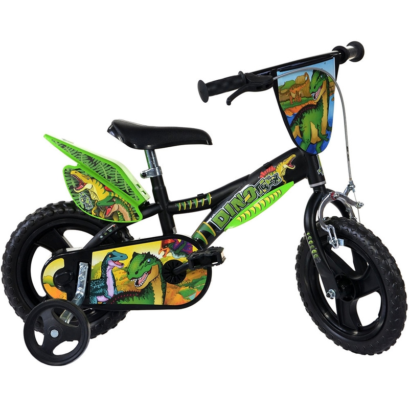 Bicicleta cu pedale, Dino Bikes, Dinozaur T-Rex, Cu roti ajutatoare, 12 inch, Pana la 40 kg, 3 ani+, Multicolor