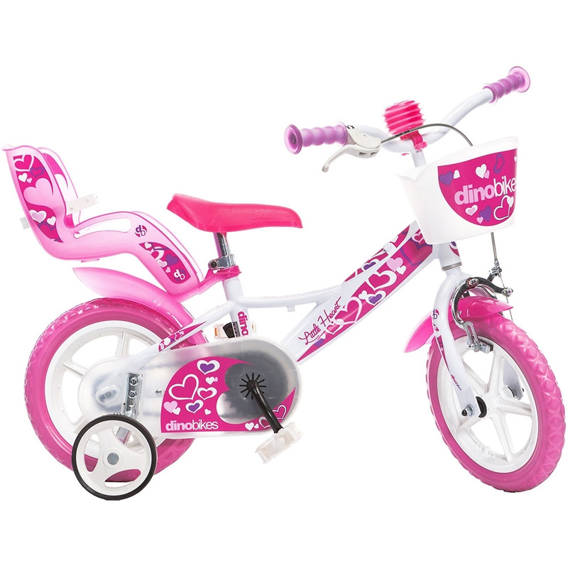 Bicicleta cu pedale, Dino Bikes, Inimioare, Cu roti ajutatoare, Cu cosulet frontal, Cu scaunel pentru papusa, 12 inch, Pana la 40 kg, 3 ani+, Multicolor