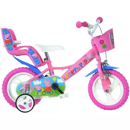 Bicicleta cu pedale, Dino Bikes, Purcelusa Peppa, Cu roti ajutatoare, Cu cosulet frontal, Cu scaunel pentru papusa, 12 inch, Pana la 40 kg, 3 ani+, Multicolor