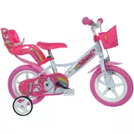 Black Friday - Reduceri Bicicleta cu pedale, Dino Bikes, Unicorn, Cu roti ajutatoare, Cu cosulet frontal, Cu cosulet pentru papusi, 12 inch, Pana la 40 kg, 3 ani+, Multicolor Promotie