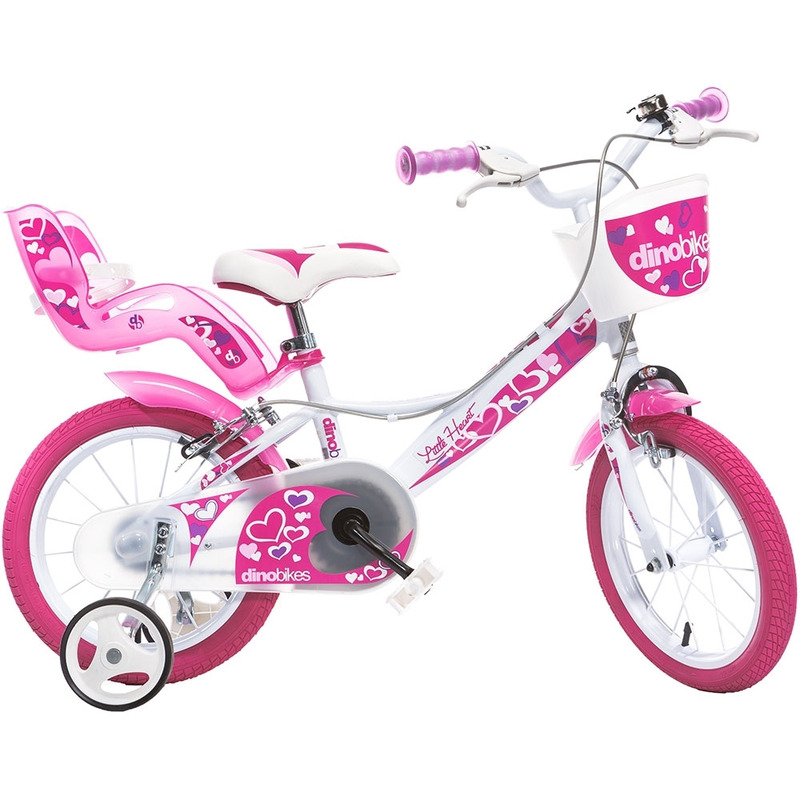 Bicicleta cu pedale, Dino Bikes, Inimioare, Cu roti ajutatoare, Cu cosulet frontal, Cu scaunel pentru papusa, 14 inch, Pana la 50 kg, 4 ani+, Multicolor