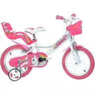 Bicicleta cu pedale, Dino Bikes, Unicorn, Cu roti ajutatoare, Cu cosulet frontal, Cu cosulet pentru papusi, 14 inch, Pana la 115 cm, Pink