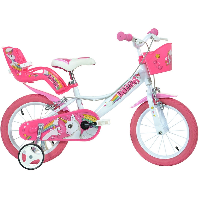 Bicicleta cu pedale, Dino Bikes, Unicorn, Cu roti ajutatoare, Cu cosulet frontal, Cu cosulet pentru papusi, 14 inch, Pana la 115 cm, Pink