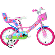 Bicicleta cu pedale, Dino Bikes, Peppa Pig, Cu roti ajutatoare, Cu cosulet frontal, Cu scaunel pentru papusa, 16 inch, Pana la 125 cm, Pink